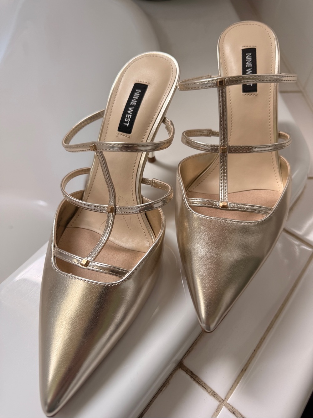 Nine West Metallic Gold Strappy Pointed-Toe Mules
